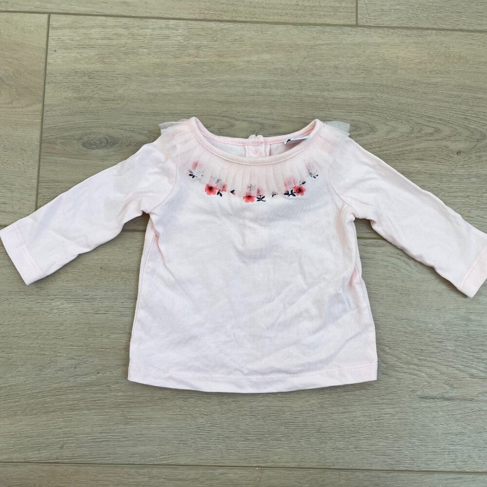 Janie and Jack Baby Girl 3-6 Months Pink‎ Top Tulle Neckline Long Sleeve Shirt